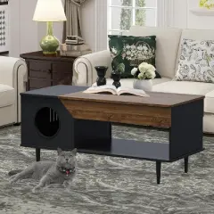 45'' Cat Litter Box Enclosure Furniture with Storage Drawer and Cat Door, Hidden Kitty Washroom Coffee Table for Living Room, White/Black