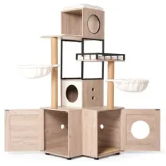 YOOCOZZ Multi-Functional Cat Tree with Litter Box,Removable Washable Cushion,Scratching Posts and Toy Hanger