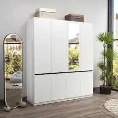 TIRAMISUBEST White 4-Door Wardrobe with Mirror - Freestanding Armoire Closet with 2 Hanging Rods for Bedroom Storage (74"H)