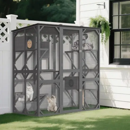 70" Large Wooden Cat Cage with Roof, Multi-Level Cat House with 4 Platforms, Hammock & Scratching Post image {7}