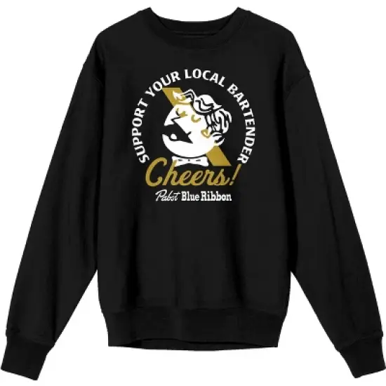 Pabst Blue Ribbon Support Your Local Bartender World Logo Men's Black Long-Sleeve Sweatshirt image {2}