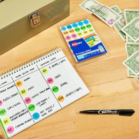 Avery Preprinted Removable Pricing Labels, 3/4 Inch Round Labels, Assorted Neon Colors, Non-Printable, 6 Packs, 2,100 Pricing Stickers Total (21918) image {1}