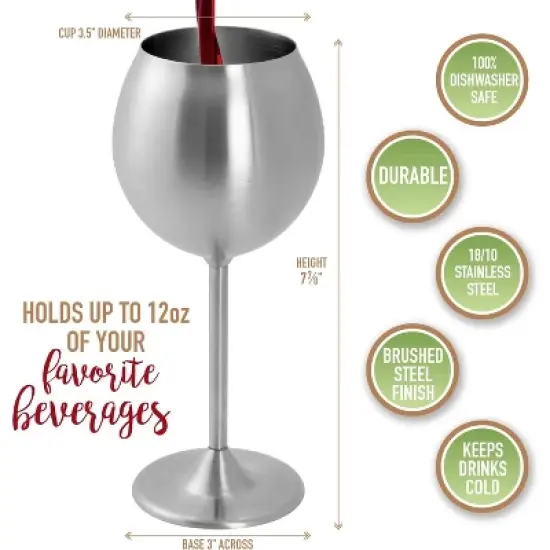 D'Eco Unbreakable 12 Oz Stainless Steel Wine Glasses (8 Pack) Large Stemmed Matte Silver Wine Goblets - Reusable Drinkware - Great Mother's Day Gift image {1}