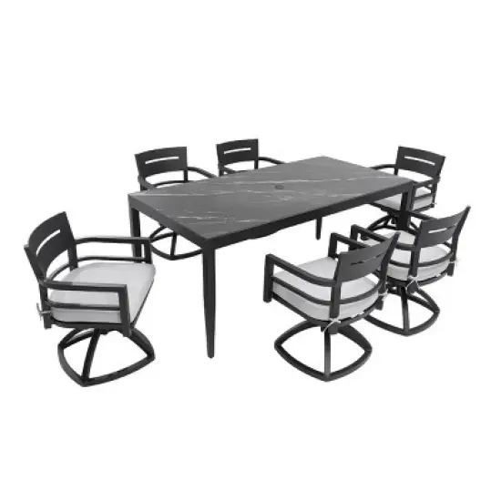 7-Piece Outdoor Dining Set, 6 Swivel Rockers and Marble-Look Sintered Stone Top Dining Table, Aluminum Chairs with Foam Cushions-Coolbibila image {4}