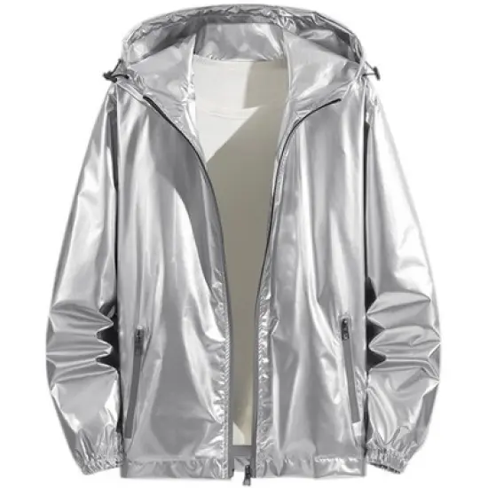 Lars Amadeus Men's Solid Zipper Sparkle Shiny Holographic Hooded Metallic Jacket image {6}