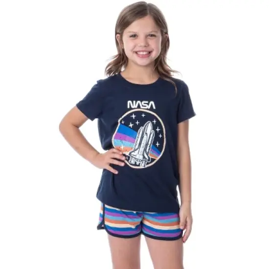 NASA Girls' Retro Stripes Rocket Sleep Pajama Set Shorts Crewneck Multicolored image {5}
