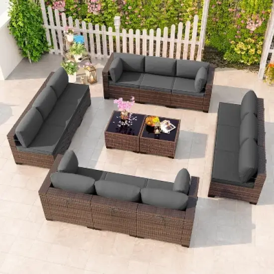 ALAULM 14 Pieces Outdoor Patio Furniture Set Outdoor Sectional Rattan Sofa Set Brown Manual Wicker Patio Conversation Set image {8}