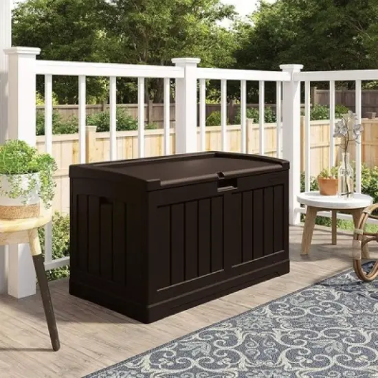 Suncast 50 Gallon Medium Capacity All Weather Construction Resin Outdoor Storage Deck Box with Bench Seat and Lid for Patio, Garden, or Pool, Java image {1}