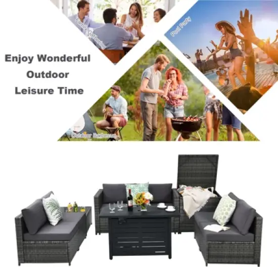 Tangkula 9 PCS Rattan Dinning Set Wicker Sofa w/Propane Gas Fire Pit 60,000 Btu Heater image {4}