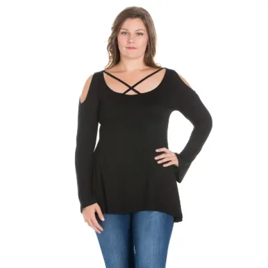 24seven Comfort Apparel Womens Plus Size Long Sleeve Criss Cross Cold Shoulder Top image {4}