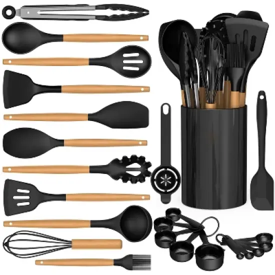 Itopfox Silicone Cooking Utensils Set with Wooden Handles, Heat Resistant Kitchen Tools for Non-Stick Cookware Includes Spatulas, Ladle, Whisk, Tongs image {1}