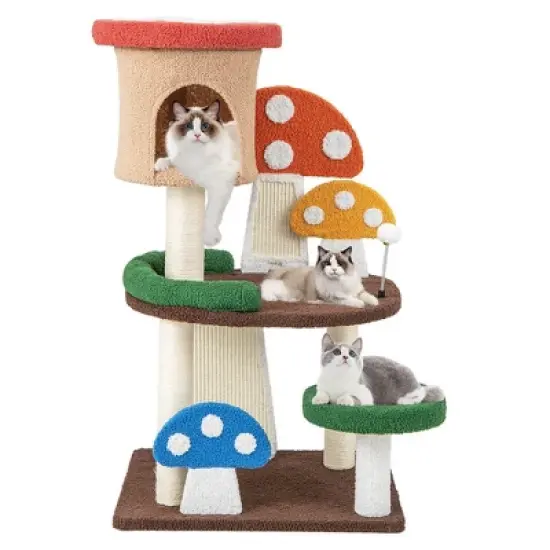Tangkula 41" Mushroom Cat Tree Tower Indoor Kitten Activity Center w/ Natural Sisal Posts image {9}