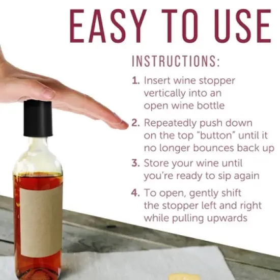 Maplefield Vacuum Wine Stoppers - Leak-Proof Vacuum Pump Wine Preserver - Resealable Wine Vacuum Stopper - Plastic - 4 Pack [Black] image {3}