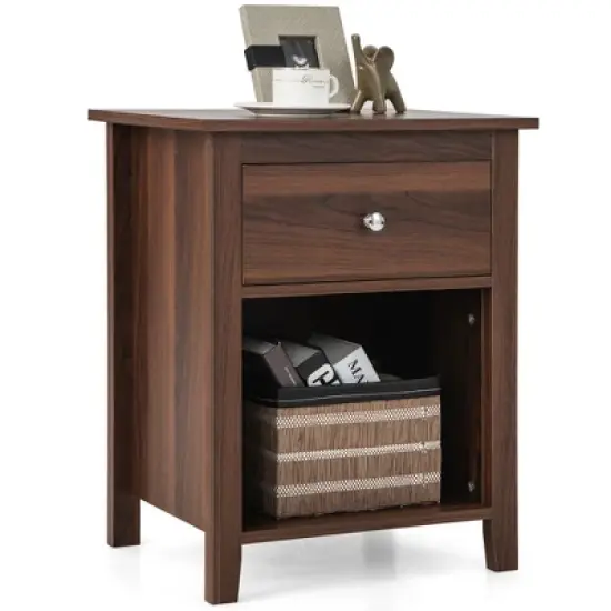 Costway Nightstand Bedside Table with Drawer & Open Shelf for Living Room Bedroom Walnut/Brown image {10}