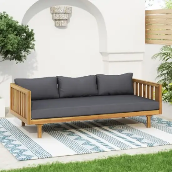 Outdoor 3 Seater Acacia Wood Daybed,Fabric Upholstered Sofa Bed,Open Slat Paneling Armrests Daybed For Patio Backyard,Garden-Coolbibila image {8}