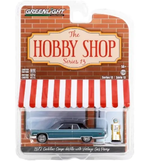 1972 Cadillac Coupe DeVille Blue with Black Top and Vintage Gas Pump "The Hobby Shop" 1/64 Diecast Model Car by Greenlight image {2}