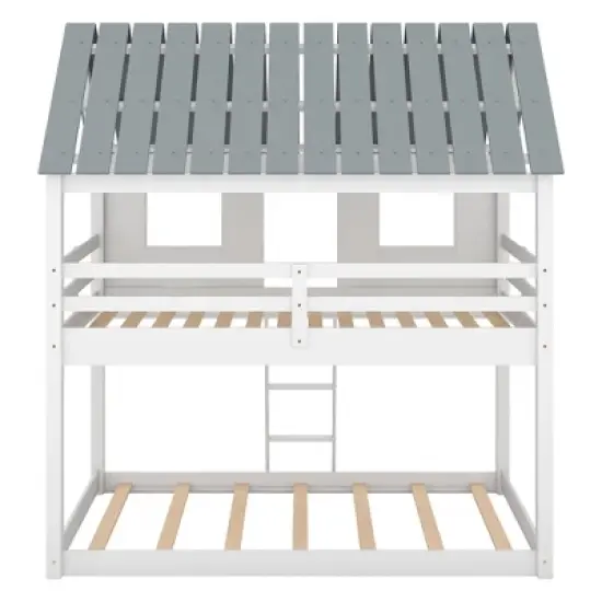 Twin over Twin Low Bunk Beds with House Shaped Roof and Guardrail, White-ModernLuxe image {8}