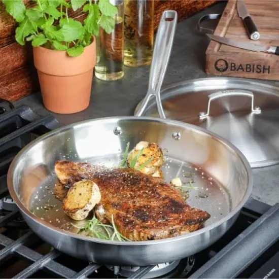 Gibson Home Babish 12' Stainless Steel Triply Professional Grade Fry Pan with Stainless Lid: Induction Safe, 3.25 Qt Capacity image {9}