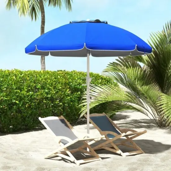 DOMETOUR Outsunny 5.7' Beach Umbrella, Tilt, Adjustable Height, Cup Holders, Hooks, UV 40+ Ruffled Canopy, Vented, Blue image {10}