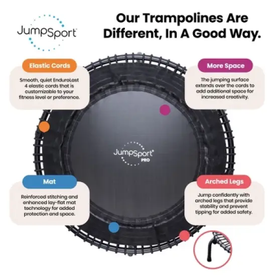 JumpSport PRO Indoor Heavy Duty Lightweight 44 Inch Folding Fitness Trampoline with Arched Legs and 7 Adjustable Tension Settings image {2}