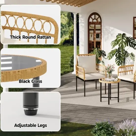 Wicker Patio Bistro Sets Outdoor Conversation Sets with Side Table and Rattan Chairs, Patio Furniture Set for Apartment, Backyard, Porch image {3}