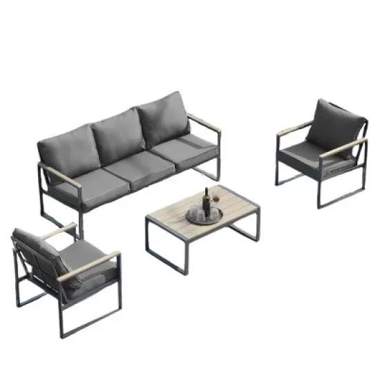 4-Piece Outdoor Patio Furniture Set,Modern Iron Conversation Set with Grey Cushions And Faux Wood Grain Frame-Maison Boucle image {4}