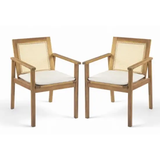 2pc Outdoor Dining Chairs, Acacia Wood and Wicker Frame with Cushions, Weather-Resistant Patio Seating with Tie-Downs - Coolbibila image {1}