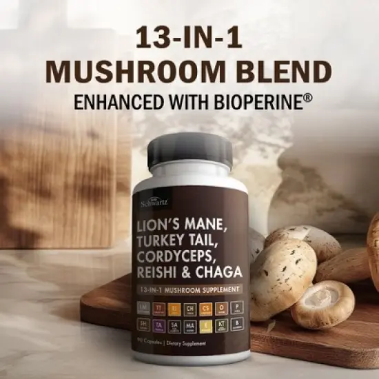 13in1 Mushroom Complex Supplement, Organic Lions Mane, Reishi, Turkey Tail, Cordyceps & more for Energy, Focus & Memory Support, Bioschwartz, 90ct image {3}