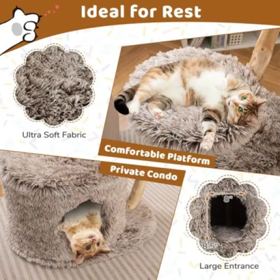 Costway Solid Wood Cat Tree with Well-woven Cattail Basket Luxury Condo Scratching Posts image {5}