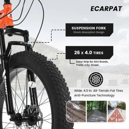 Gulches 26 Inch Fat Tire Bike Adult/Youth Full Shimano 21 Speed Mountain Bike, Dual Disc Brake, High-Carbon Steel Frame,Orange image {6}