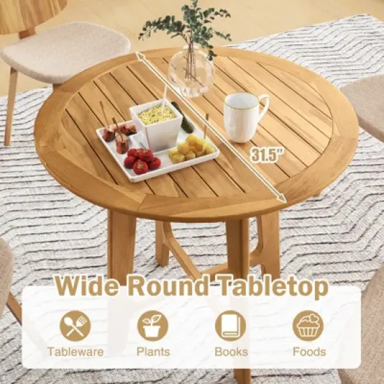Tangkula 31.5" Patio Dining Table Round Teak Wood Dining Table w/ Slatted Tabletop Garden image {6}