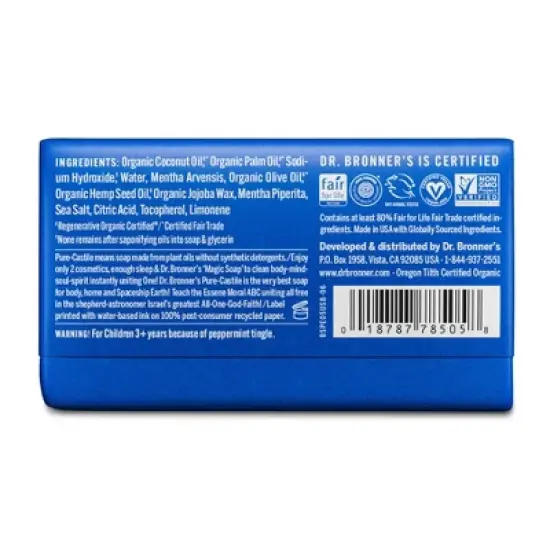 Dr. Bronner's All-One Pure-Castile Magic Bar Soap - Peppermint - 5oz image {1}