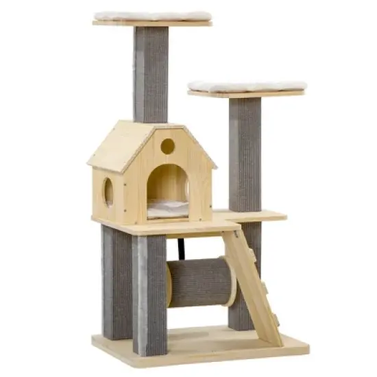 PawHut 49" Cat Tree, Kitty Activity Center, Wooden Cat Climbing Toy with Condo, Roller, Ladder, Cushions, and Sisal Scratching Post Pad, Natural image {3}