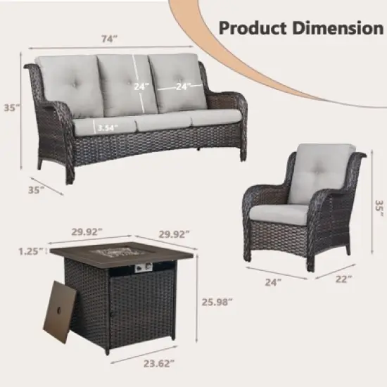 4 Pieces Patio Furniture Set with Fire Pit Table, Outdoor Sofa Set with 50000 BTU Fire Pit All Weather Wicker Patio Couch and Club Chair image {2}