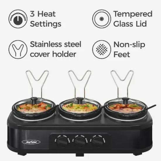 Heynemo Triple Slow Cooker with three 1.5-Quart Ceramic Pots, Buffet Servers and Warmers with Glass Lids and 3 Spoons, Stainless Steel image {3}