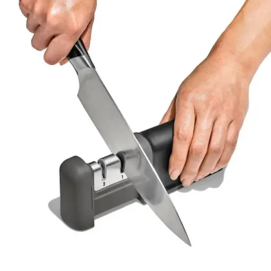 OXO Knife Sharpener: Manual Stainless Steel & Ceramic, Tungsten Carbide, Black, Lifetime Warranty, 5.39" Length image {6}