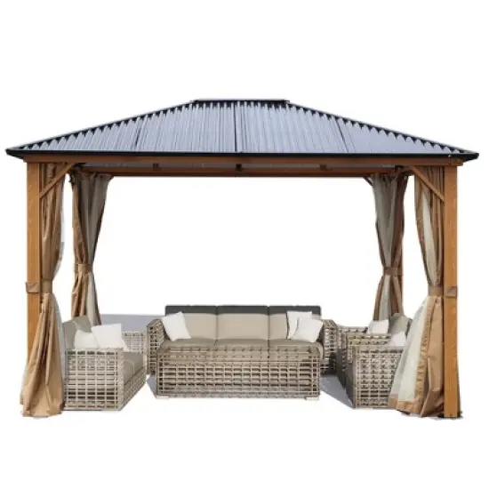Aoodor Gazebo Polycarbonate Roof, Wooden Print Aluminum Frame With Mosquito Netting And Curtain image {11}