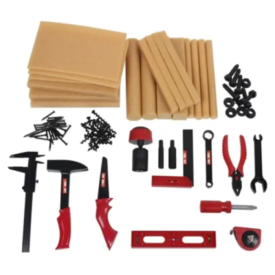 Insten 90 Pieces Wood Workbench Tool Playset with 8 Project Ideas, Pretend Construction & Building Toys for Kids image {1}