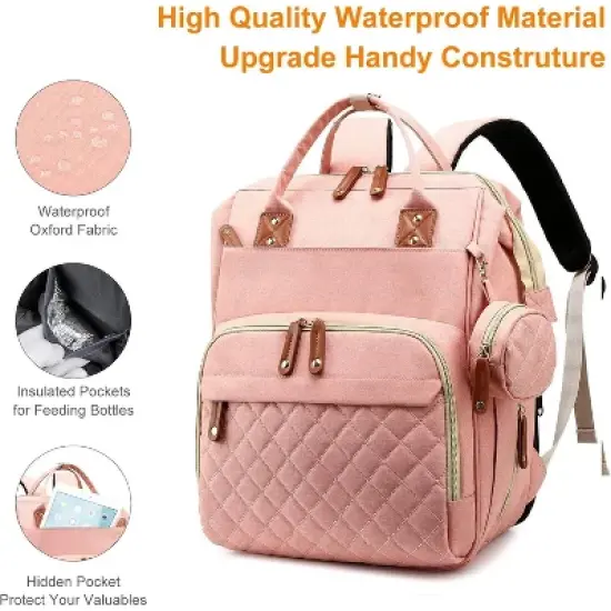 Waterproof 3-in-1 Baby Diaper Backpack with Foldable Changing Pad - Pink image {2}