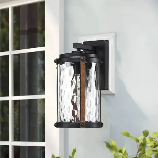 Water Glass and Wood Finish Outdoor Wall Light Black - Wellfor image {6}