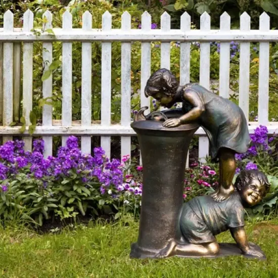 27" Resin Indoor/Outdoor Girl and Boy Drinking Water Fountain Yard D&eacute;cor Bronze - Alpine Corporation image {1}