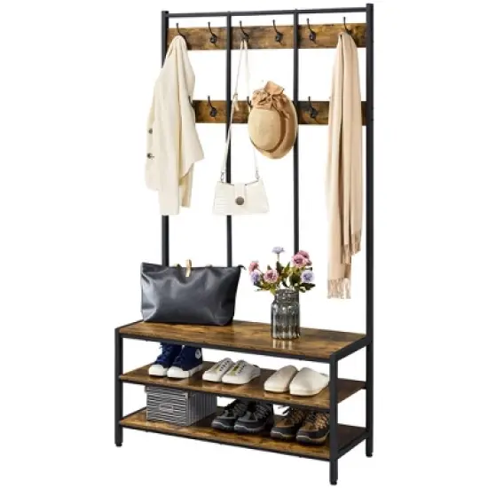 Yaheetech 73"H 3-IN-1 Hall Tree with 2 Shelves & 24 Hooks for Entryway/Hall, Rustic Brown image {1}