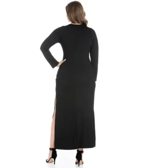 Long Sleeve Side Slit Fitted Black Maxi Plus Size Dress image {2}