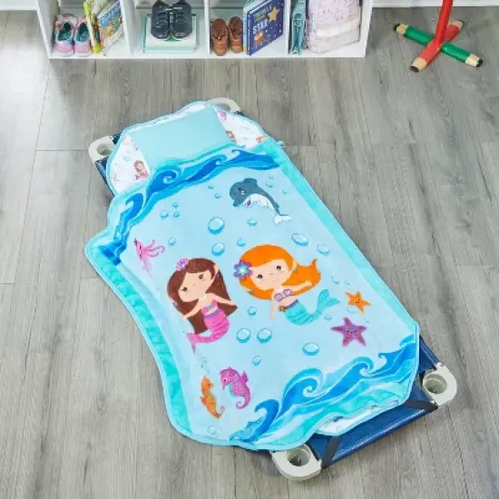 EVERYDAY KIDS Mermaid Toddler Cot Nap Mat for Home, Daycare, Preschool ; Easy to Roll Sleeping Mat with Elastic Straps, Pillow and Blanket image {5}
