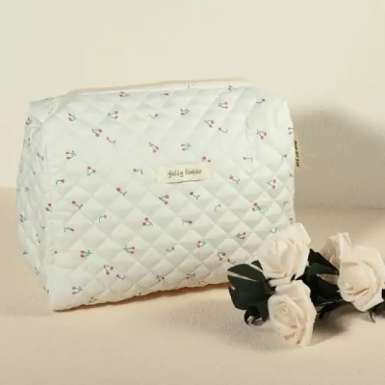 Unique Bargains Cotton Travel Cute Cherry Pattern Large Makeup Bag White 1 Pc image {1}