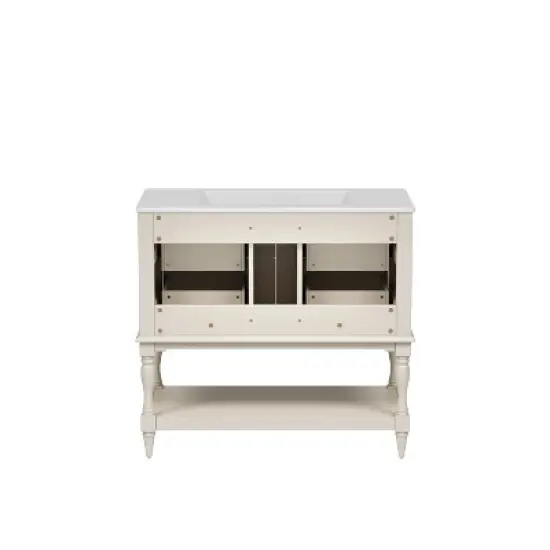 36" Bathroom Vanity with Undermount Ceramic Sink, Free-Standing Bathroom Cabinet with 4 Drawers, Solid Wood Frame, Beige/Black/White - ModernLuxe image {8}