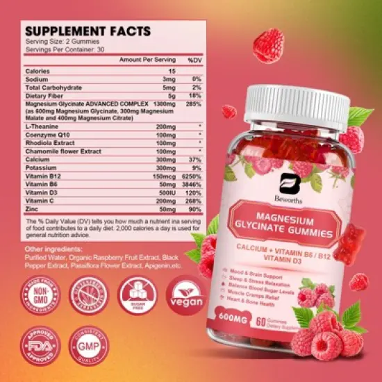B Beworths 600 Mg Magnesium Glycinate Gummies, Magnesium Supplement Complex, Support Joint & Energy, Vegan & 0-Sugar, 60 Count image {5}