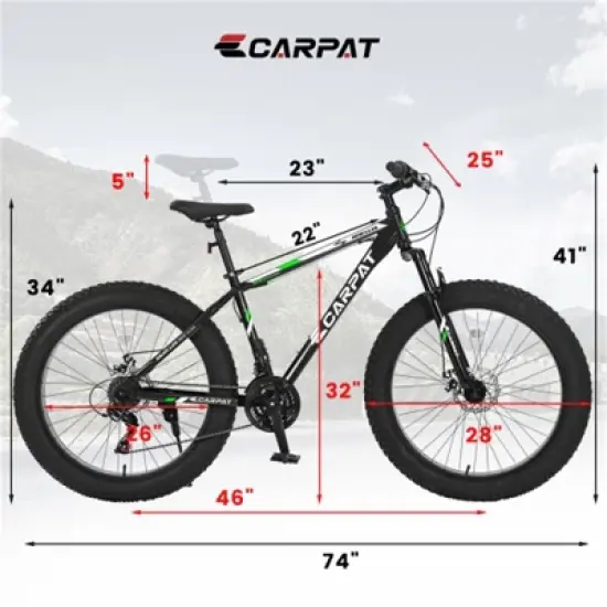 VASIP 26 Inch Fat Tire Bike Full Shimano 21 Speed Mountain Bike, Dual Disc Brake, High-Carbon Steel Frame, Front Suspension for Adult/Youth image {2}