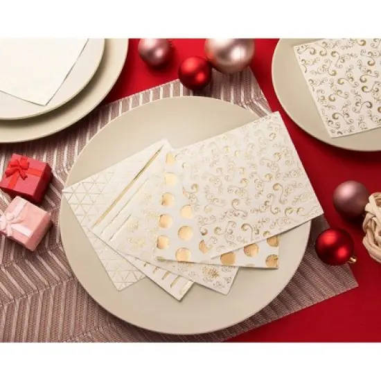 Blue Panda 100 Pack Polka Dotted Gold and White Cocktail Napkins for Wedding, Birthday Party Supplies, 5 x 5 In image {3}