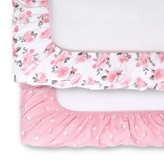 The Peanutshell Fitted Playard Sheets - Pink Roses and Ditsy Floral - 2pk image {2}